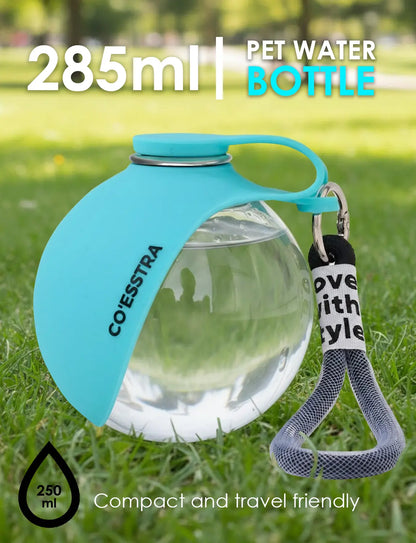 Stainless Steel Pet Water Bottle with Integrated Drinking Basin — 285ml Leak-Proof Travel Solution for Dogs and Cats, Ideal for Walks, Road Trips, and Outdoor Activities