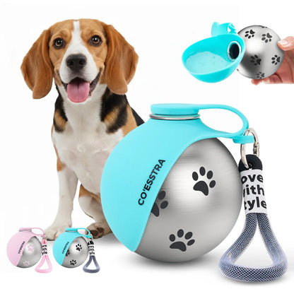 Stainless Steel Pet Water Bottle with Integrated Drinking Basin — 285ml Leak-Proof Travel Solution for Dogs and Cats, Ideal for Walks, Road Trips, and Outdoor Activities
