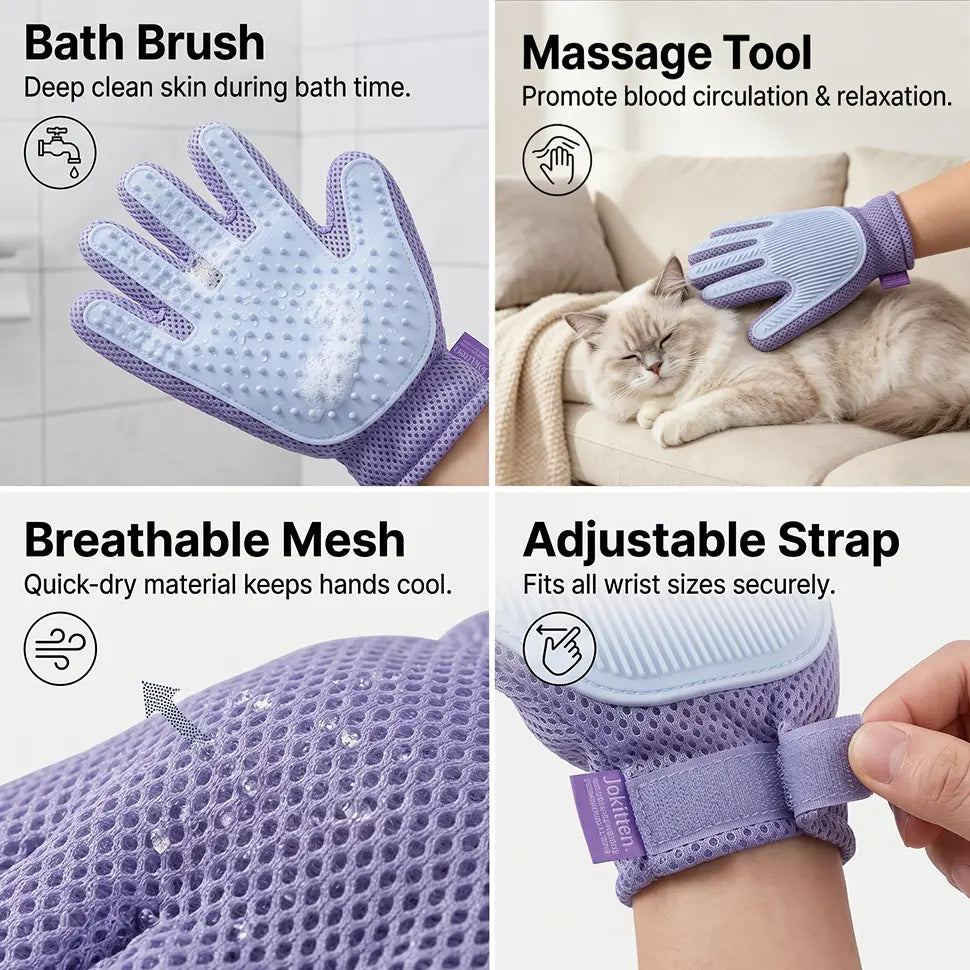 1-Pack Efficient Pet Hair Remover Glove for Dogs & Cats, Gentle Double-Sided Pet Grooming Glove Brush, Five Finger Massage Design Deshedding Glove for Multi-Role Bathing, Massaging, Grooming, Shedding, Furniture Fur Cleaning
