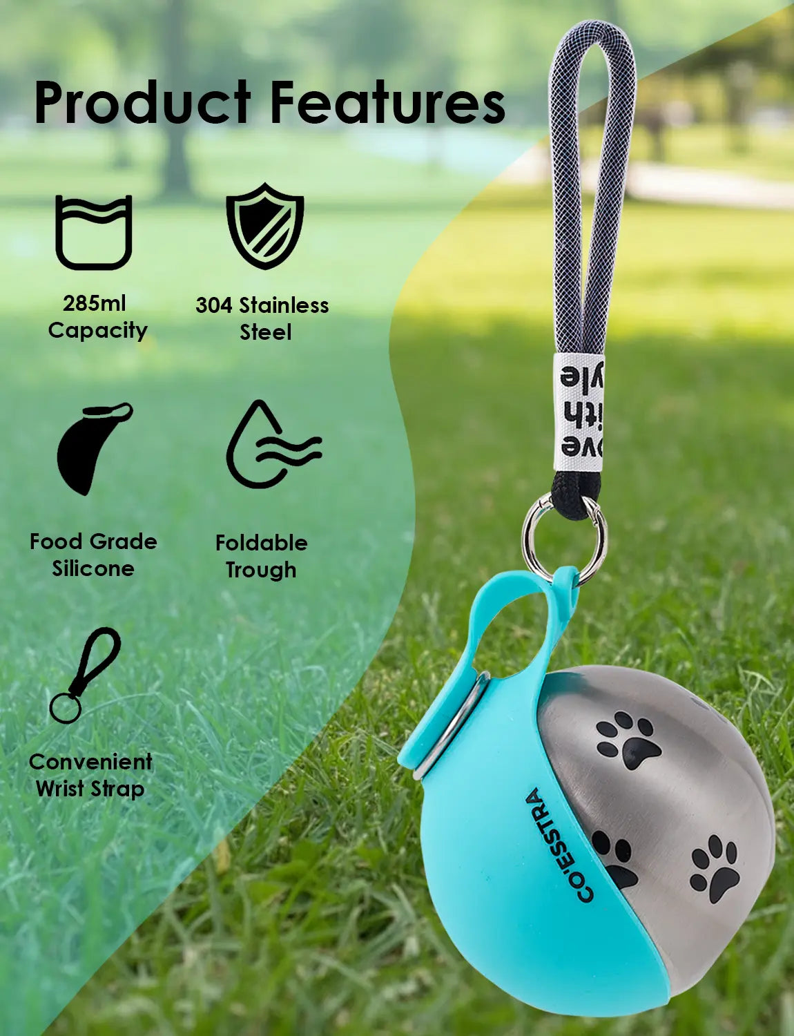 Stainless Steel Pet Water Bottle with Integrated Drinking Basin — 285ml Leak-Proof Travel Solution for Dogs and Cats, Ideal for Walks, Road Trips, and Outdoor Activities