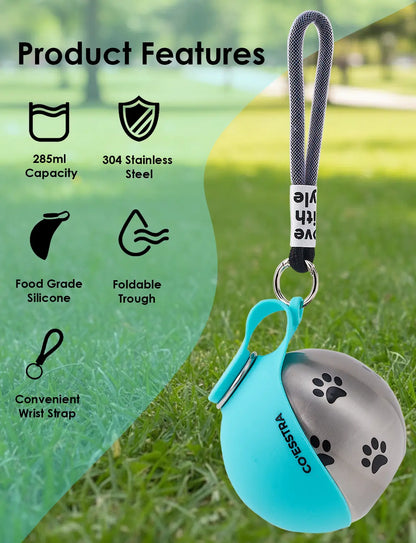 Stainless Steel Pet Water Bottle with Integrated Drinking Basin — 285ml Leak-Proof Travel Solution for Dogs and Cats, Ideal for Walks, Road Trips, and Outdoor Activities