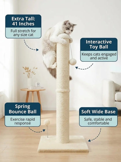 Pawrino Premium Tall Cat Scratching Post – Durable Sisal Scratching Solution for Indoor Cats with Stable Base, Complete Sisal Coverage, and Replaceable Toy Wand