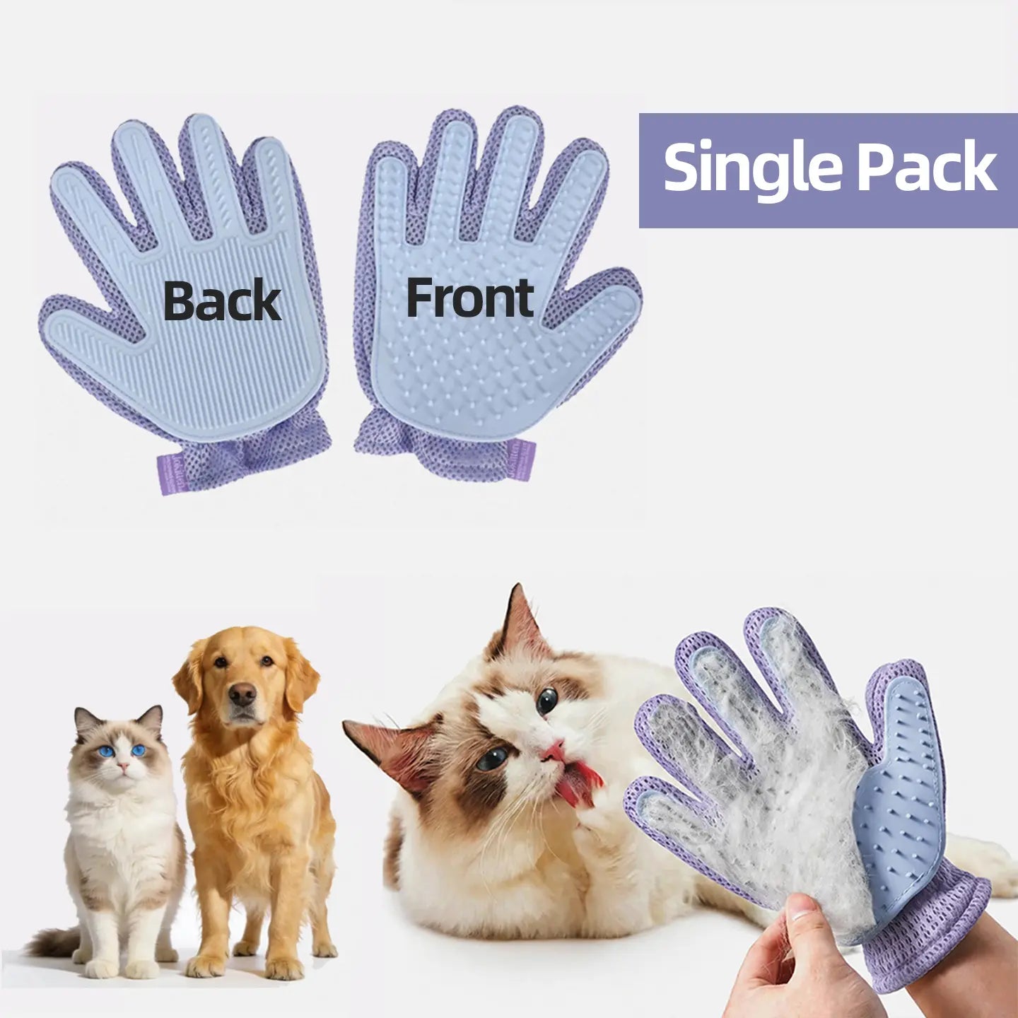 1-Pack Efficient Pet Hair Remover Glove for Dogs & Cats, Gentle Double-Sided Pet Grooming Glove Brush, Five Finger Massage Design Deshedding Glove for Multi-Role Bathing, Massaging, Grooming, Shedding, Furniture Fur Cleaning