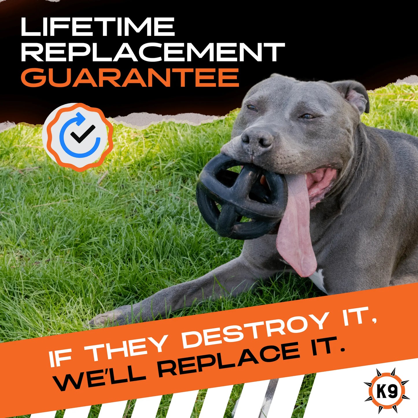 Monster K9 Ring Ball | Virtually Indestructible. Lifetime Guaranteed. | VULCRON Natural Rubber | Durable, Heavy Duty Dog Chew Toy for Aggressive Chewers | Medium & Large Breeds, 5.5”