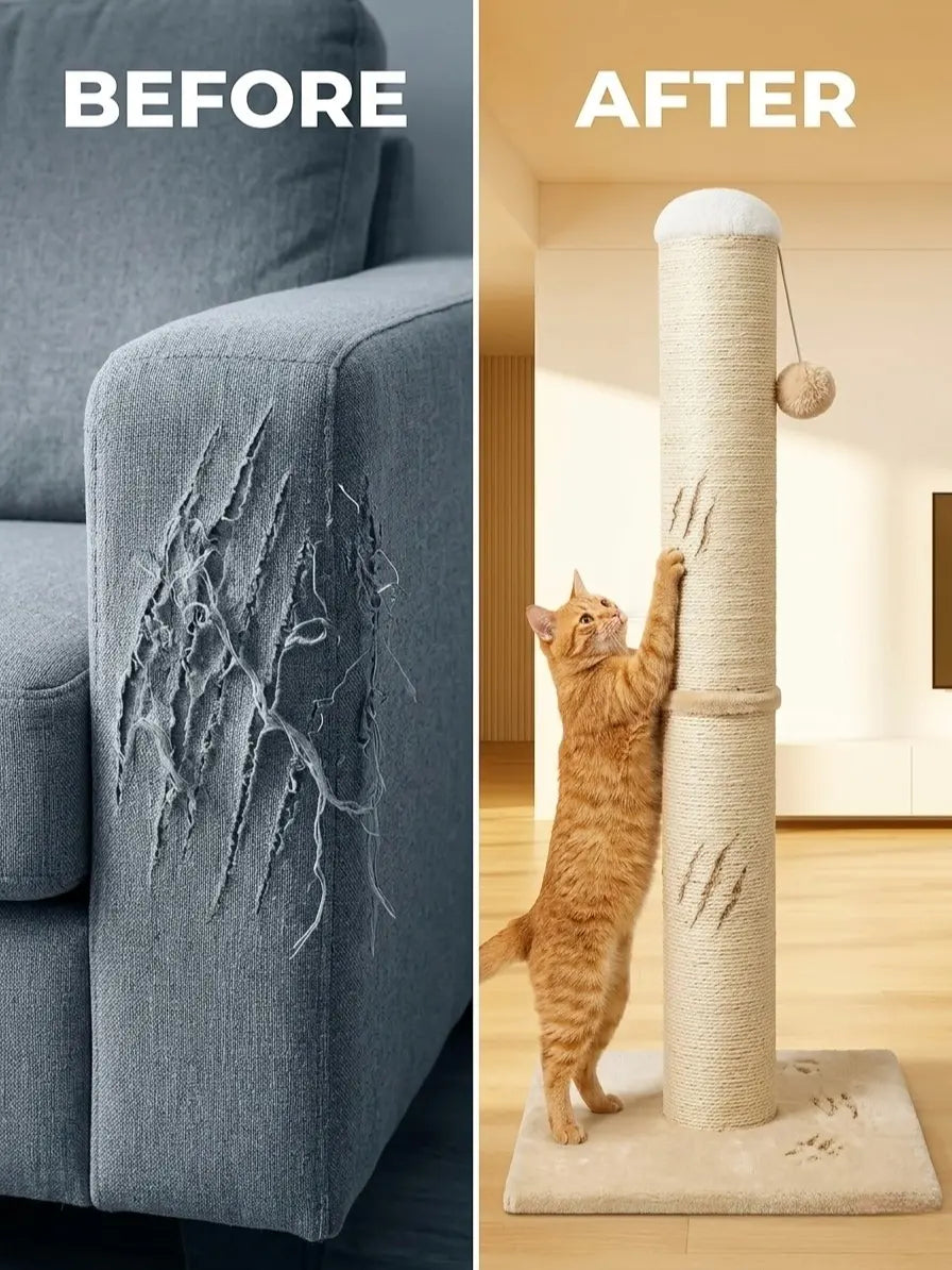 Pawrino Premium Tall Cat Scratching Post – Durable Sisal Scratching Solution for Indoor Cats with Stable Base, Complete Sisal Coverage, and Replaceable Toy Wand
